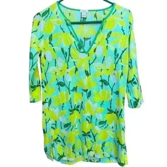 J. Crew Long Sleeve Bright Green/Yellow Floral Tunic Coverup SZ XXS Petite - Picture 1 of 3